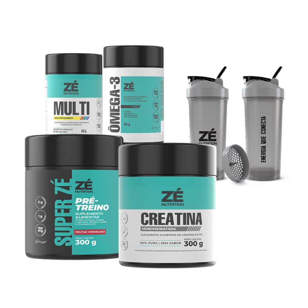 kit força e vitaminas, com creatina, pré-treino, ômega-3, multivitamínico e coqueteleira