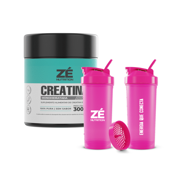 kit creatina e coqueteleira Zé Nutrition rosa
