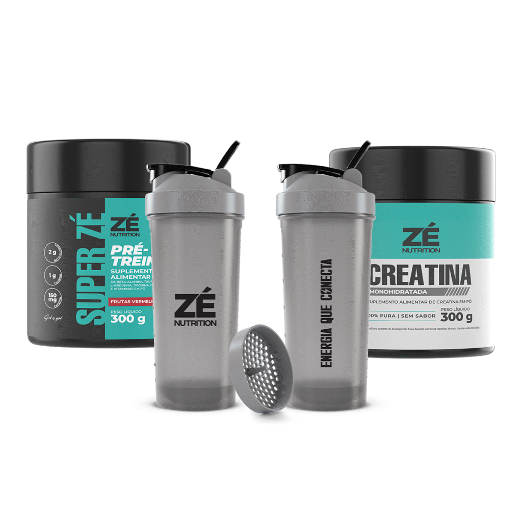 kit creatina, pré-treino e coqueteleira em fundo branco