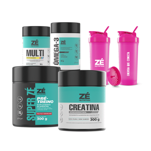 kit força e vitaminas, com creatina, pré-treino, ômega-3, multivitamínico e coqueteleira