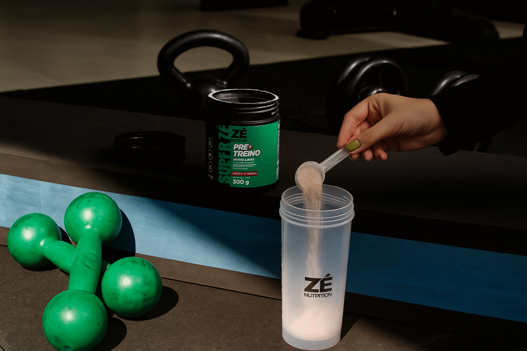 imagem de uma mão colocando uma dose de pré-treino em uma coqueteleira num ambiente de academia
